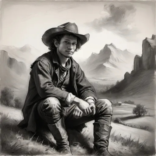 Prompt: Oil painting, Rembrandt, gothic sketch sketchy greyscale of a young cowboy sitting on a field and mountains  in the morning