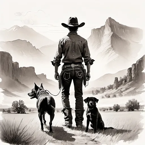 Prompt: Cover for a old book oil sketch lines  black western of a young cowboy and he's dog on a field with mountains in the morning 