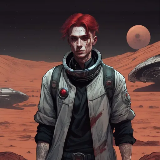 Prompt: Male young adult, red hair, neck scars, red tattoo of a circle in one hands, worn clothes, standing in floor of mars illustration style,  sci-fi style, dark atmosphere, old book style, bad proportions, fantasy, bad face proportions, gothic sci fi, scars in neck, tattoo in hand, red tattoo