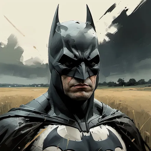 Prompt: textured Speedpaint poorly drawn,bad anatomy hands, poorly drawn face, with large rough brush strokes by Jeremy Mann, ink painting Batman on a field looking at the viewer