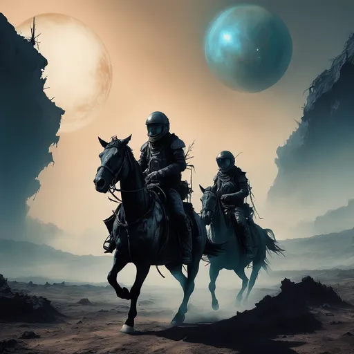 Prompt: two men riding a horse on an unknown planet something post apocalyptic there is fog and some planets in the sky

gothic style, non-realistic, deformations, bad proportions, old book style, sketch, paint, oil, color, dark, bad lighting, shadows