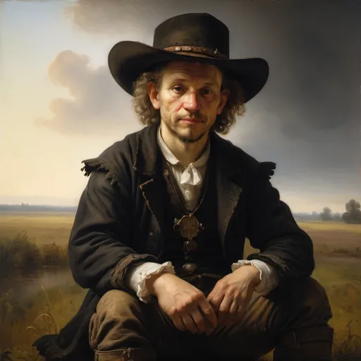 Prompt: Oil painting, Rembrandt, gothic cowboy sitting on a field in the morning