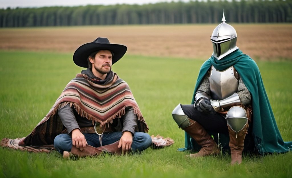 Prompt: One Western cowboy with a poncho. And   one man armored knight with helmet sitting on a green field on the floor. Western style
