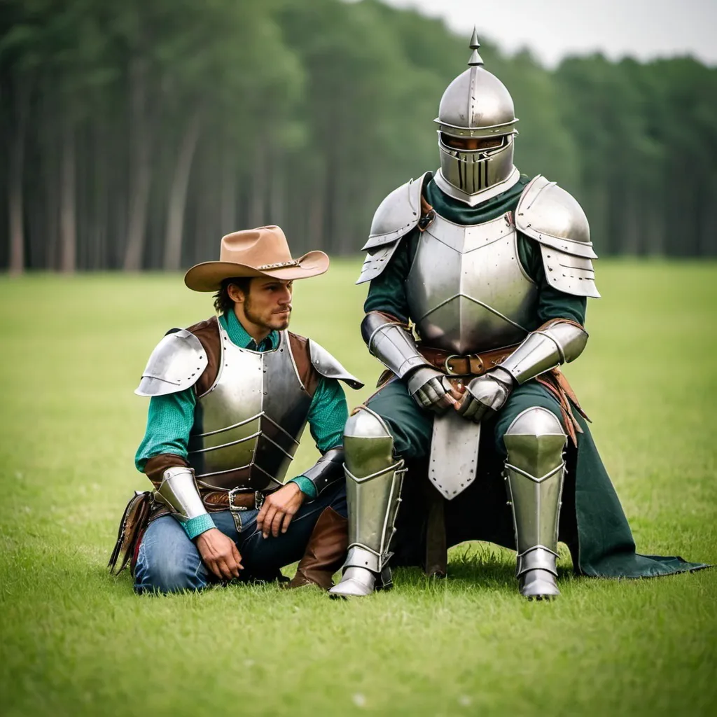 Prompt: Western cowboy and one armored knight with helmet sitting on a green field on the floor