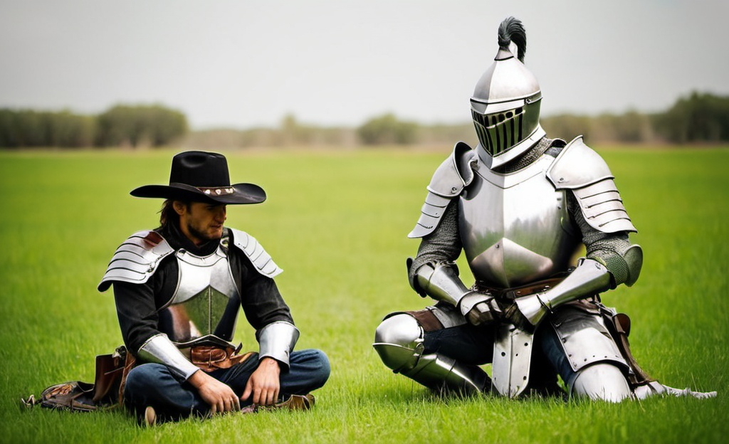 Prompt: Western cowboy and one armored knight with helmet sitting on a green field on the floor