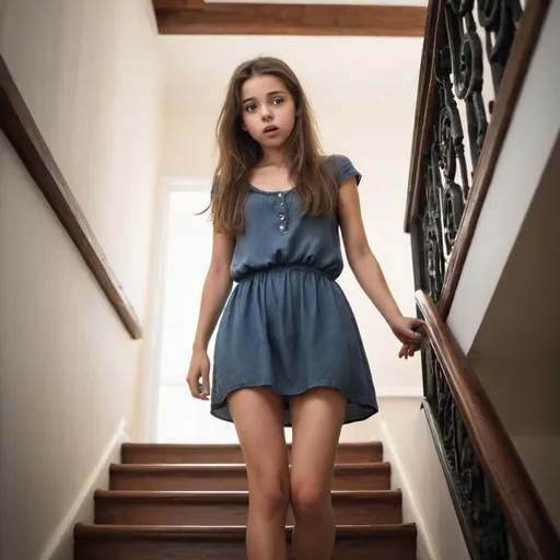 Prompt: i need a image to the young beautiful girl, walking up the stairs, the picture should be from the front and the girl need to be a little surprised