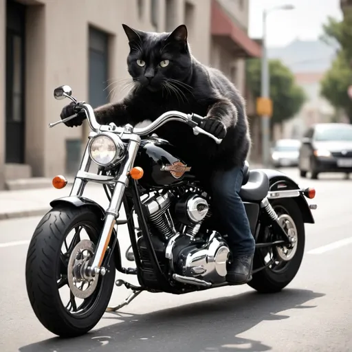 Prompt: This motorbike is a Harley Davidson, black in color, and the body is medium sized, the handlebars are medium sized.And the cat is riding the motorbike on the street very fast