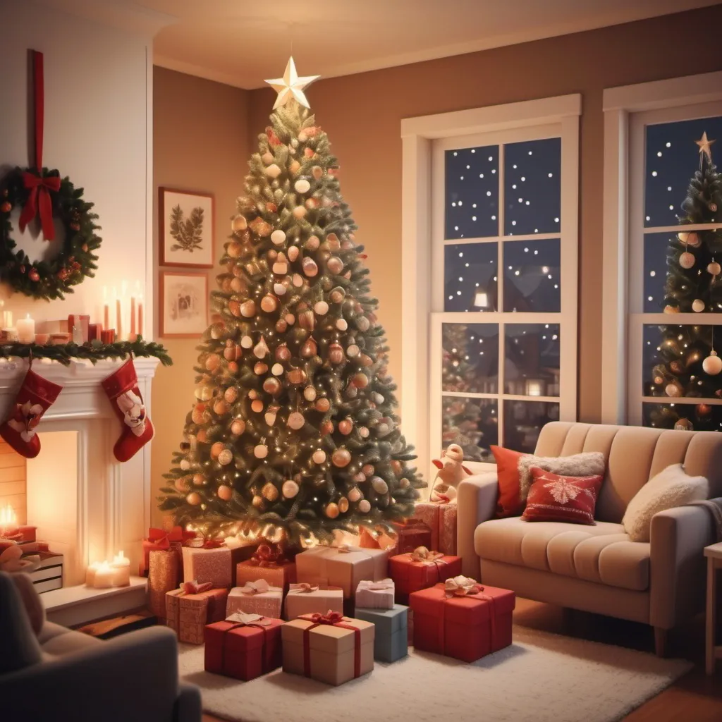 Prompt: (Grown Up Christmas List), festive atmosphere, decorated Christmas tree, twinkling lights, cozy living room, warm color tones, soft glowing candles, nostalgic feelings, holiday decorations, cheerful ambiance, family gathering, festive music, delicious treats, high detail, 4K quality.