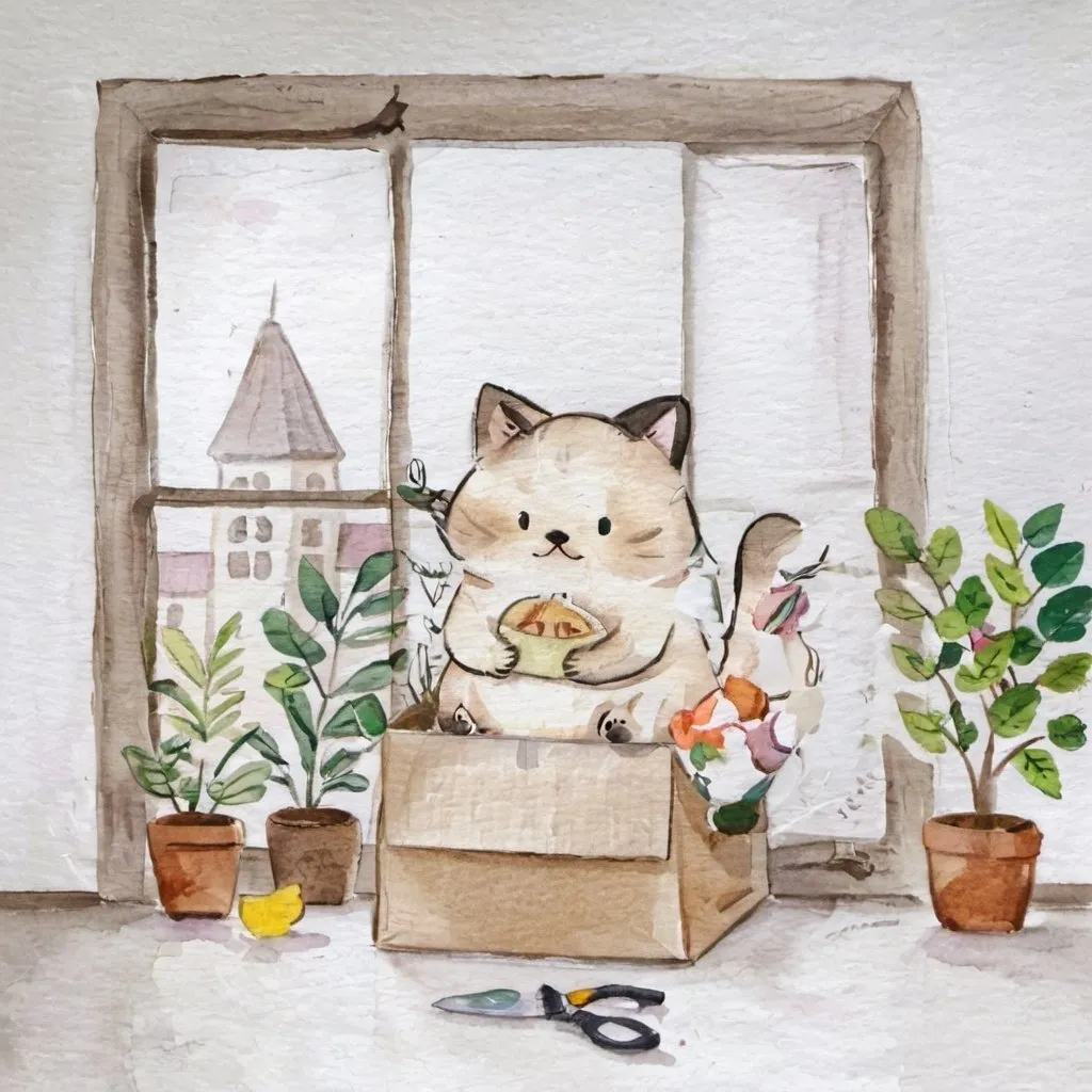 Prompt: a chubby,fluffy, Siamese cat sitting in a cardboard box and trying to eat it in the same time.
background of a cute bedroom with a big window
 