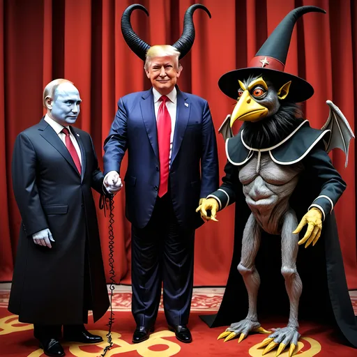 Prompt: Dark,  gothic, demonic, satanic, luciferian; a 'horned Donald Trump puppet on strings' being controlled by a 'horned satan puppet on strings' being controlled by a 'horned pope puppet on strings', being controlled by a 'horned Vladimir Putin puppet on strings', being controlled by Xi of China, who holds ALL THE STRINGS.
Flying Monkeys from Wizard of Oz