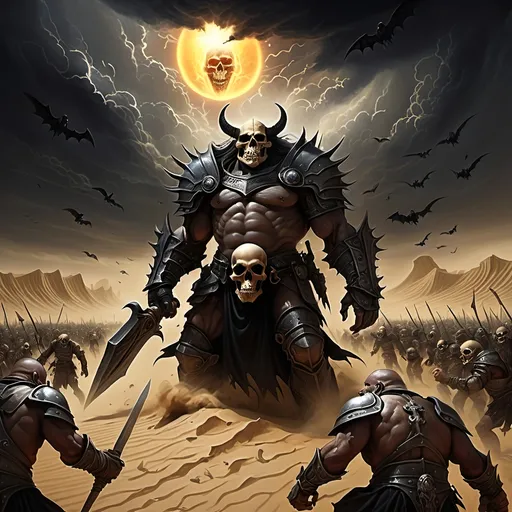 Prompt: The sky darkens with ominous black storm clouds that blot out the sun,
A battle rages with thousands of men and orcs in armor fighting to the death surrounded by countless fallen bodies of the slain,
A ghostly TRANSPARENT WISPY apparition of a male warrior rising and coming together above
a skull half buried in dust and sand on a desert battlefield under a hot blazing sun, gothic, fantasy,  ultra realism, ultra detailed,