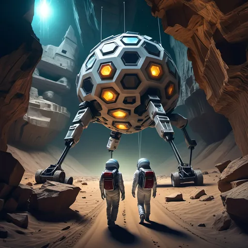 Prompt: Abandoned centuries old massive mining complex hidden in a steep and rugged walled canyon,
Collosal ancient alien statue carved from crystal and half buried in the sand,
Geodesic survival shelter with several antenna,
Vivid aurora, Meteor shower,
Humanoid robot in 8 wheeled solar powered ATV rover,
Astronaut in survival suit carrying backpack and bags, walking away from Crater,
Lightning, tornadoes, massive storm
Crater, crashed space frigate, burning debris, black smoke rising,
Yellow quartz desert, dark sky, swirling gray, green and blue clouds.
Distant mountains made entirely of amethyst crystal
High definition, maximum detail, ultra resolution, ultra realism.
Spooky ancient alien artifacts and exotic architecture 
Dark and scary, ominous, morbid, and foreboding