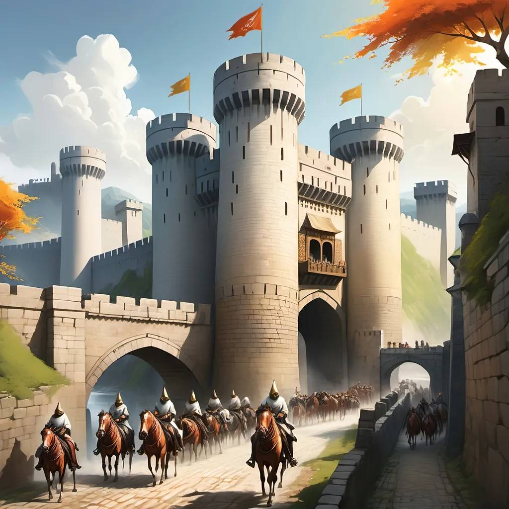 Prompt: A great walled city built of white stone next to a river, a towering fortress gate with an open door, daylight, bright sun shining, colorful banners suspended in the breeze flying from the top of the city walls, a dirt road leading up to the open gate in the city walls, with many men on horseback before it.