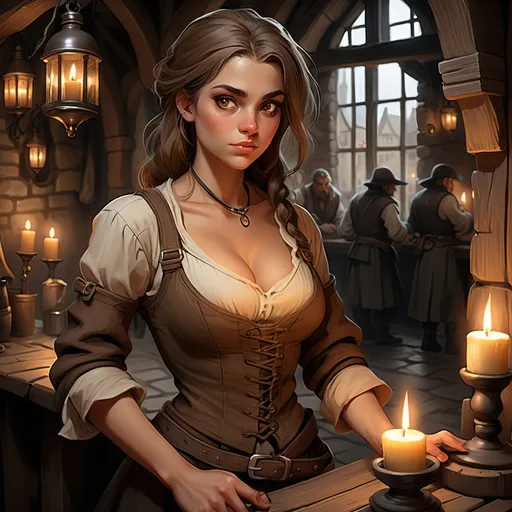 Prompt: [Jena the waif, or rogue]
Picking the pocket of an overdressed drunken merchant in a dark tavern with stone walls and timber framing and lit by candles in wall sconces,
Female HUMAN, thief, pickpocket, rogue, wee petite, delicate features, ruddy tan complexion, high brow, prominent widows peak, sandy brown shoulder length hair, hazel eyes, prominent but effeminate chin, drab ragged layers of clothing, very inconspicuous, disarming presence, hidden daggers in clothing, minimal jewelry, arm bangles, ornamental stone necklace charm, young, tomboyish, rugged, cute, ornery, fey demeanor, lucky and confident, dark, gothic, fantasy, ultra detail, ultra realism