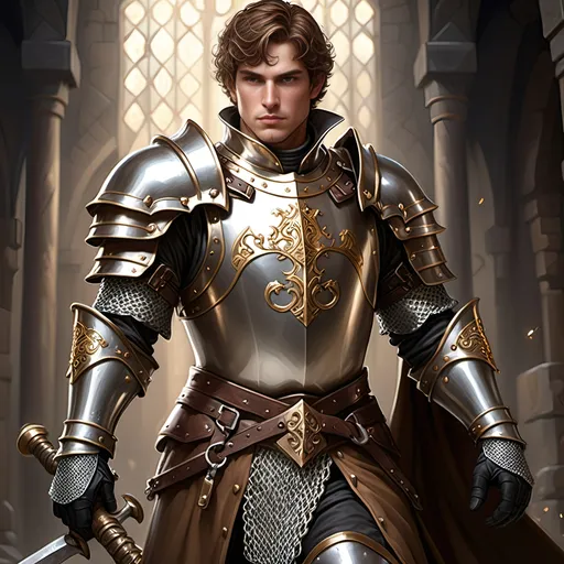 Prompt: Male paladin, (ultra-detailed) (ultra-realism), brown wavy short cropped hair, rosy cheeks, brown eyes, (bright silver steel breastplate) with (gold inlay and filigree), (shiny steel chainmail shirt), black boots with (sparkling shiny spurs), carrying a huge (double-ended war hammer), dramatic lighting, epic stance, medieval fantasy background, grand atmosphere, (HD quality) pompous, arrogant demeanor and stance, tall, 'broad like a barn', wide shoulders, built like a tank