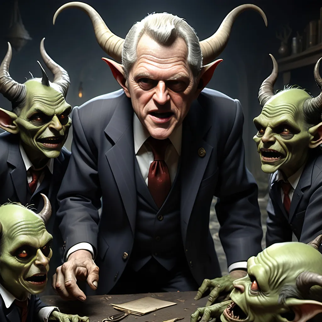 Prompt: River Styx, dark, infernal, gothic, ominous; minor Devil with horns and hooves who resembles Bill Clinton; has a chat with a goblins in ragged, ratty clothing who resembles Richard Nixon.
Ultra detail, ultra realistic.