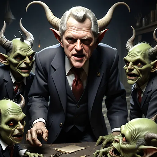 Prompt: River Styx, dark, infernal, gothic, ominous; minor Devil with horns and hooves who resembles Bill Clinton; has a chat with a goblins in ragged, ratty clothing who resembles Richard Nixon.
Ultra detail, ultra realistic.