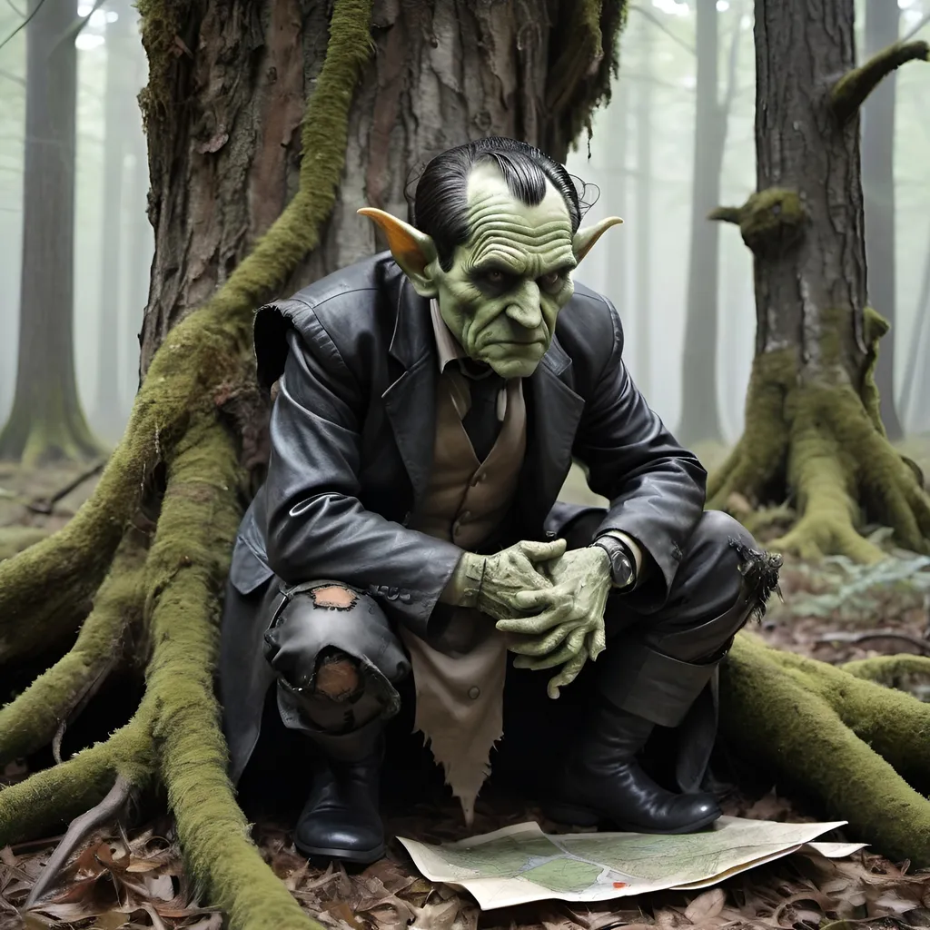 Prompt: A goblin who resembles Richard Nixon on his knees begging for his life, with a wounded eye and holding up a map made of irregular leather hide with brown ink on it, dressed in ragged, tattered clothing and kneeling in original growth forest surrounded by huge twisted and gnarly trees with twisted gnarly lichen covered roots; with a black haired heroic gothic female person dressed in black standing over him and holding a sword to his throat