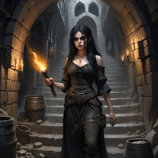 Prompt: A female human with long straight black hair and brown eyes and dressed in black and carrying a lit torch, a male halfling is standing behind her
Gothic, fantasy, dark, menacing, abandoned, dirty narrow ancient stone stairwell covered in dust and cobwebs leading to a stone subcellar/dungeon filled with casks and kegs and debris, and one woman's shoe,
Ultra detail, ultra realism, high definition