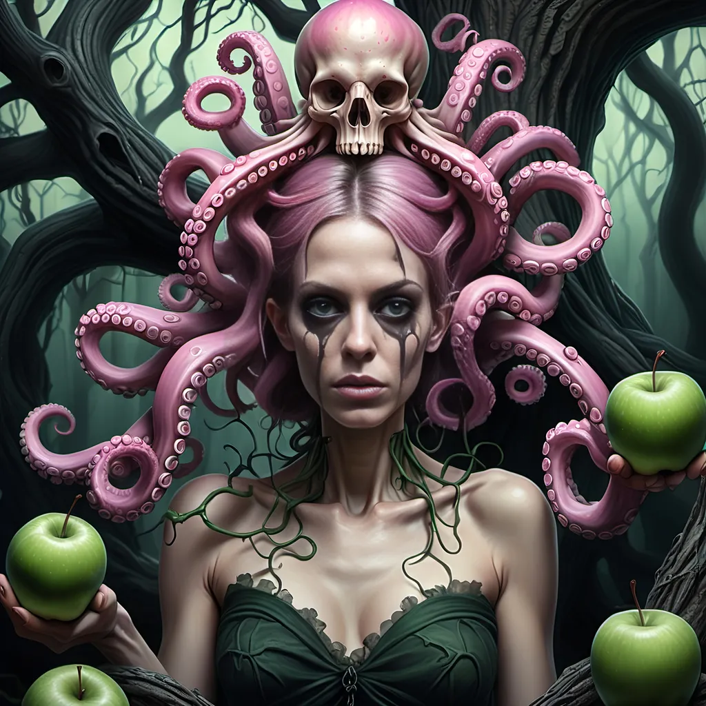 Prompt: Green apples, pink octopus tentacles, skulls, growing on a woman becoming a twisted gnarly creepy tree, in dark haunted gothic forest, maximum ultra detail and realism