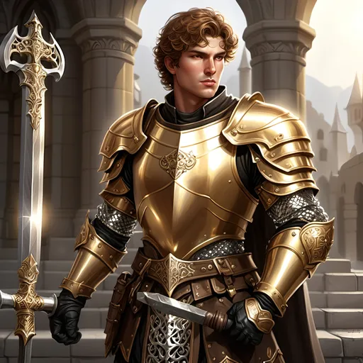 Prompt: [Armando the Golden]
Male paladin, (ultra-detailed) (ultra-realism), brown wavy short cropped hair, rosy cheeks, brown eyes, (bright silver steel breastplate) with (gold inlay and filigree), (shiny steel chainmail shirt), black boots with (sparkling shiny spurs), carrying a huge (double-ended war hammer), dramatic lighting, epic stance, medieval fantasy background, grand atmosphere, (HD quality) pompous, arrogant demeanor and stance, tall, 'broad like a barn', wide shoulders, built like a tank, iconoclastic narcissist,
Resembles Mike Pompeo.