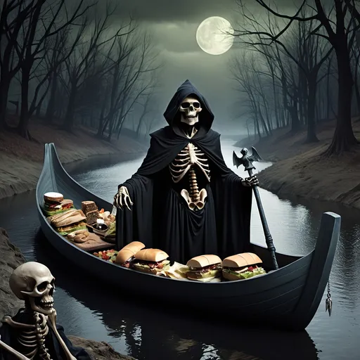 Prompt: (Dark, gothic, infernal, River Styx, Hades;) (Charon, skeletal boat master in a black robe with hood, of the river Styx); escorts a (goblin dressed in ragged dirty clothing who resembles Richard Nixon), to meet with his master on the lower planes, Charon is eating an awesome sandwich that his wife made for him for lunch.