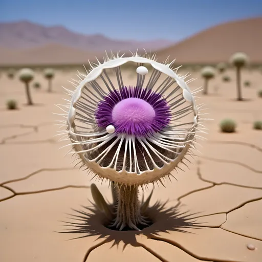 Prompt: Barren desert crawling with countless large hundred limbed insects which resemble spherical anemones, that are rolling and tumbling across the flat parched desert in search of prey, like sentient tumbleweeds, with very small circular bodies with a central toothed orifice surrounded by hundreds of long legs which all terminate it sharp points, like an ambulate sentient thistle, that uses it's thousands of long pointy legs to puncture, gorging on the blood and fluids of its prey.
Hundred eyes and thousands of legs.
Dark skies.