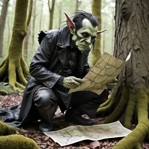 Prompt: A goblin who resembles Richard Nixon on his knees begging for his life, with a wounded eye and holding up a map made of irregular leather hide with brown ink on it, dressed in ragged, tattered fantasy clothing and kneeling in original growth forest surrounded by huge twisted and gnarly trees with twisted gnarly lichen covered roots; with a black haired heroic gothic female person dressed in black standing over him and holding a sword to his throat