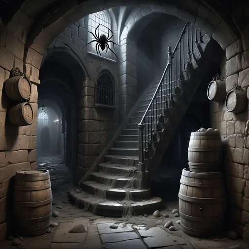 Prompt: Gothic, fantasy, dark, dark shadows, blackness, huge spider webs, ominous, menacing, abandoned, dirty narrow ancient stone stairwell covered in dust and cobwebs leading to a stone subcellar/dungeon filled with casks and kegs and debris, and one woman's shoe,
Ultra detail, ultra realism, high definition