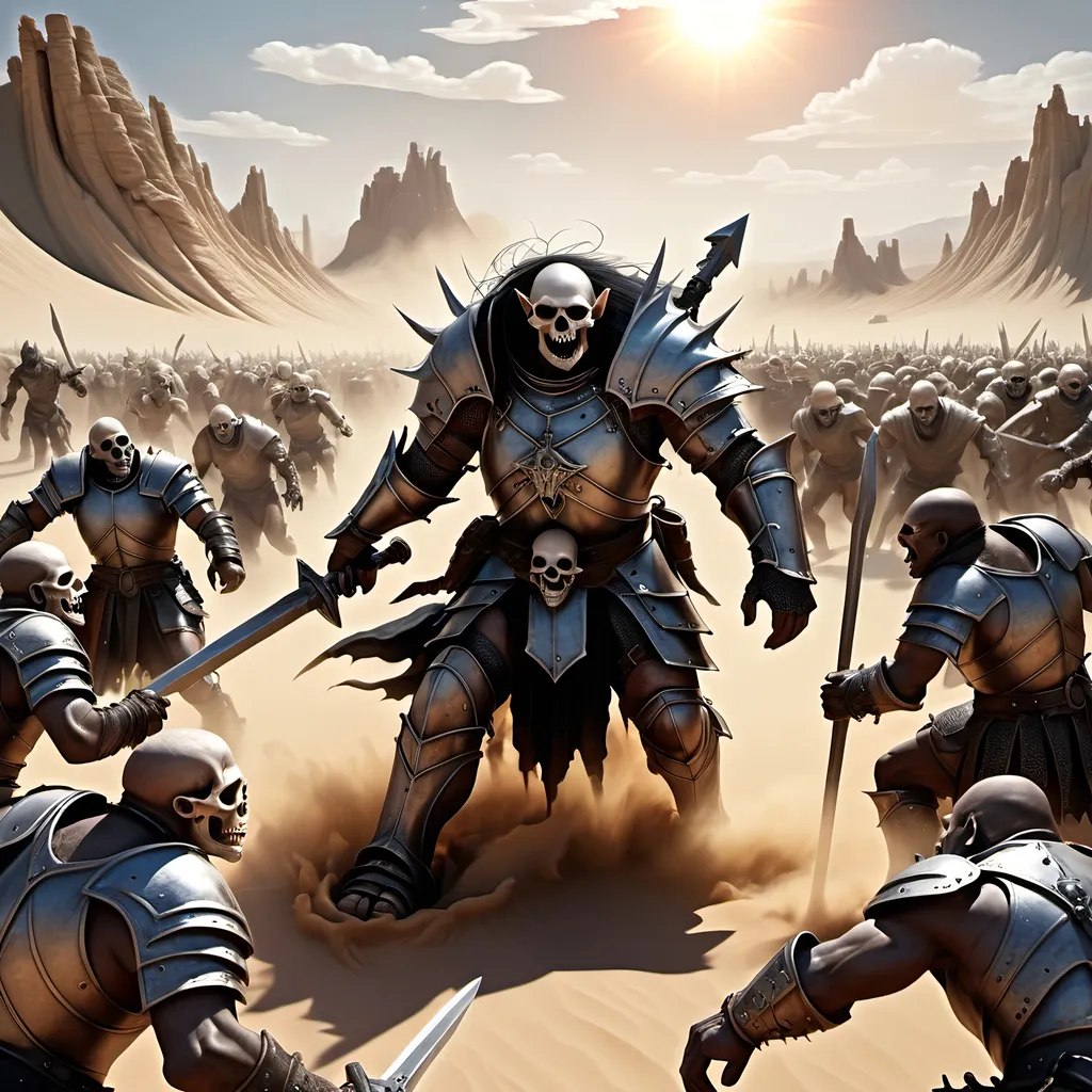 Prompt: A battle rages with thousands of men and orcs in armor fighting to the death surrounded by countless fallen bodies of the slain,
A ghostly TRANSPARENT WISPY apparition of a male warrior rising and coming together above
a skull half buried in dust and sand on a desert battlefield under a hot blazing sun, gothic, fantasy,  ultra realism, ultra detailed,