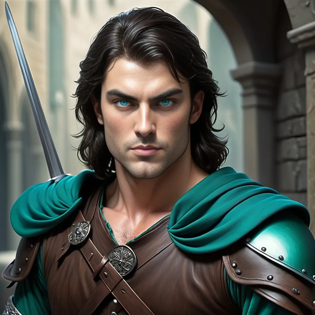 Prompt: [ Derek the Brown or Derek from Towne]
Chevalier, dark hair, pale complected, blue eyes; dressed in green, teal, and black; slight but well muscled, tall, longsword and bow & quiver on his back, piercing, attentive eyes, ultra detailed, ultra realism, darkly heroic.
(Resembles Neil Diamond)