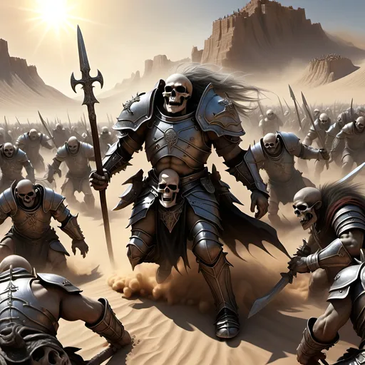 Prompt: A battle rages with thousands of men and orcs in armor fighting to the death surrounded by countless fallen bodies of the slain,
A ghostly TRANSPARENT WISPY apparition of a male warrior rising and coming together above
a skull half buried in dust and sand on a desert battlefield under a hot blazing sun, gothic, fantasy,  ultra realism, ultra detailed,