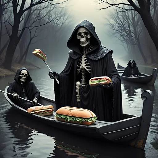 Prompt: (Dark, gothic, infernal, River Styx, Hades;) (Charon, skeletal boat master in a black robe with hood, of the river Styx); escorts a (goblin dressed in ragged dirty clothing who resembles Richard Nixon), to meet with his master on the lower planes, Charon is eating an awesome sandwich that his wife made for him for lunch, and offers a sandwich to the goblin in ratty ragged clothing who resembles Richard Nixon.
Scary, high resolution, ultra detailed, menacing, foreboding, ominous,