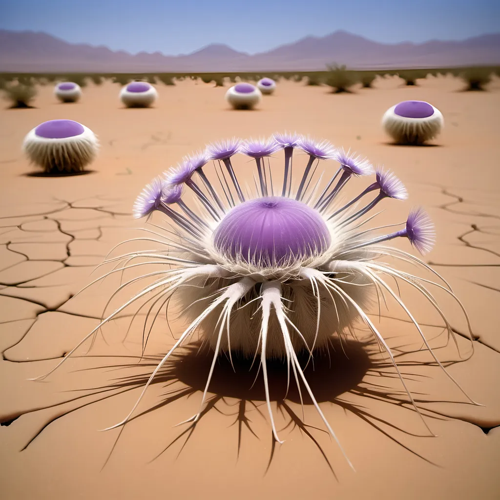 Prompt: Barren desert crawling with countless large hundred limbed insects which resemble spherical anemones, that are rolling and tumbling across the flat parched desert in search of prey, like sentient tumbleweeds, with very small circular bodies with a central toothed orifice surrounded by hundreds of long legs which all terminate it sharp points, like an ambulate sentient thistle, that uses it's thousands of long pointy legs to puncture, gorging on the blood and fluids of its prey.
Hundred eyes and thousands of legs.
Dark skies.