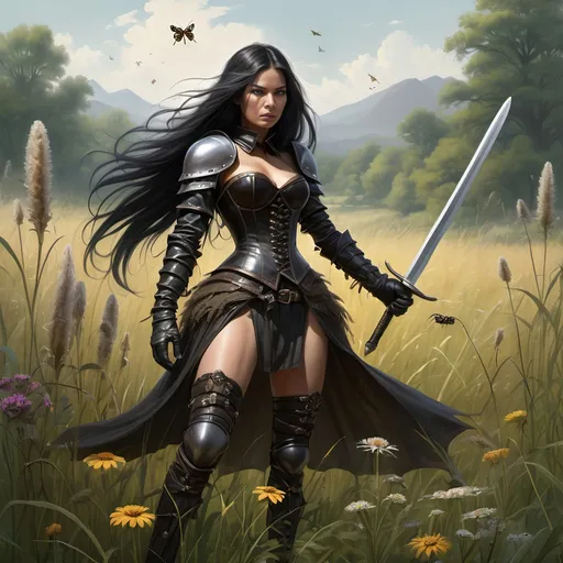 Prompt: In a meadow of tall grasses and wildflowers,
'Kitanjia the Ranger' [woman, tall, fair complected, dresses in black leather armor and corset, long black hair, longsword] in a fight to the death with an 'insect beast' [large, mutant, insect larva, dark brown gray in color, four back legs to stand on and two long front legs with sharp talons to fight with, red eyes on opposite sides of cicada-like head, and long proboscis, bigger than a Volkswagen beetle!]
Fantasy, gothic, ultra realism, ultra detail, in a meadow of tall grasses standing over a dead Bay Mare with an archaic saddle on her back