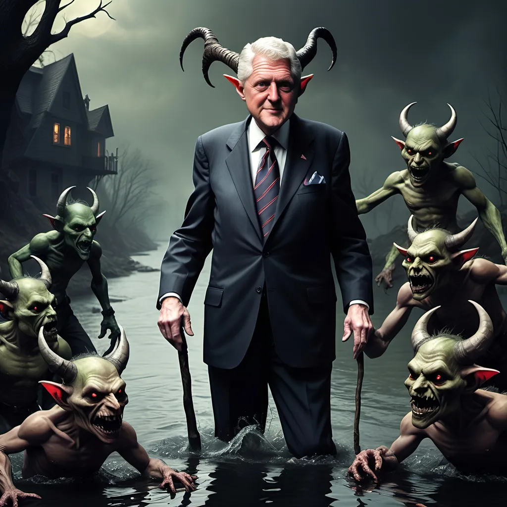 Prompt: River Styx, dark, infernal, gothic, ominous; minor Devil with horns and hooves who resembles Bill Clinton; has a chat with a goblins in ragged, ratty clothing who resembles Richard Nixon.