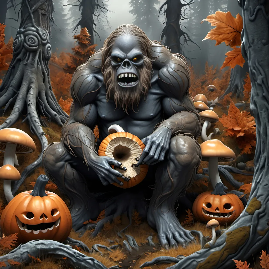 Prompt: Dark, gothic scary, foreboding, menacing, ominous, bright autumn foliage, happy Sasquatch gnawing on a large leg bone, in a twisted and gnarly original growth autumn forest, surrounded by twisted lichen covered roots and giant carnivorous mushrooms and large scary pumpkins with mean faces, ultra detailed, high resolution, gritty realism, boxes of Girl Scout Cookies everywhere!