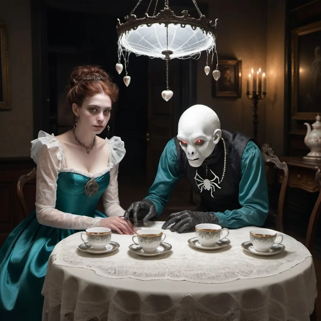 Prompt: A male ghost/demon sitting on the left side of a n antique table, holding his heart in his hand which shines brightly and illuminates the room, wearing a white baggy Elizabethan era blouse, and sitting next to him is a woman ghost/demon with obsidian horns coming out of her forehead and wearing an antique dress with a white frilled collar and pearl necklaces down the front of her ruffled teal satin dress.
There is a tea kettle shaped like a silver elephant between them resting on a lace doilies, flanked by two silver tea cups on saucers, also resting on doilies, beneath the table are cobwebs and spider webs, with various pairs of glowing eyes peering at the viewer from behind the spider webs. Behind the man and woman and in between them is a transparent ghost of a woman and above them dangling from the ceiling are two bare feet, with the right foot partially covered by a sock 