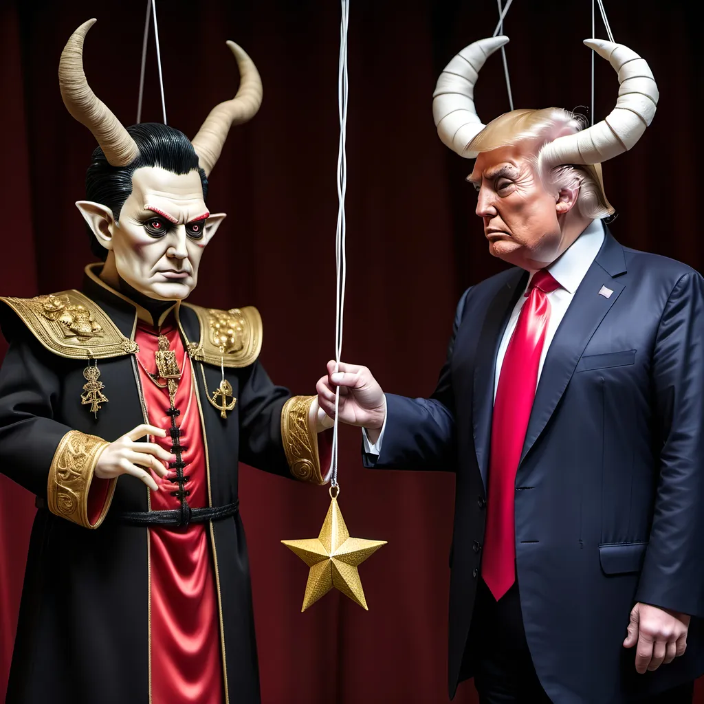 Prompt: Dark,  gothic, demonic; a 'horned Donald Trump puppet on strings' being controlled by a 'horned satan puppet on strings' being controlled by a 'horned pope puppet on strings', being controlled by a 'horned Vladimir Putin puppet on strings', being controlled by Xi of China, who holds ALL THE STRINGS.