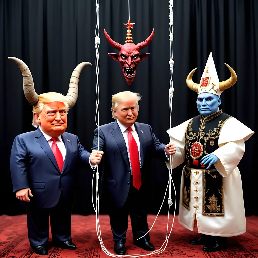 Prompt: Dark,  gothic, demonic, satanic, luciferian; a 'horned Donald Trump puppet on strings' being controlled by a 'horned satan puppet on strings' being controlled by a 'horned pope puppet on strings', being controlled by a 'horned Vladimir Putin puppet on strings', being controlled by Xi of China, who holds ALL THE STRINGS.