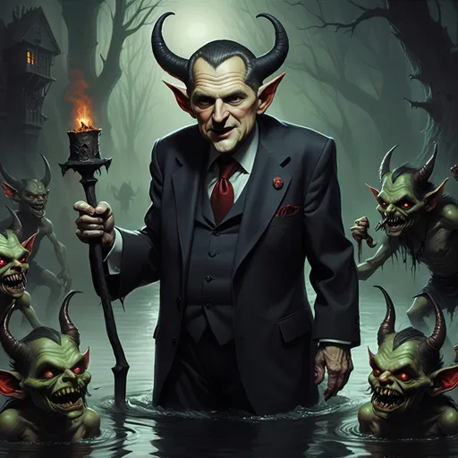 Prompt: River Styx, dark, infernal, gothic, ominous; minor Devil with horns and hooves who resembles Bill Clinton; has a chat with a goblins in ragged, ratty clothing who resembles Richard Nixon.