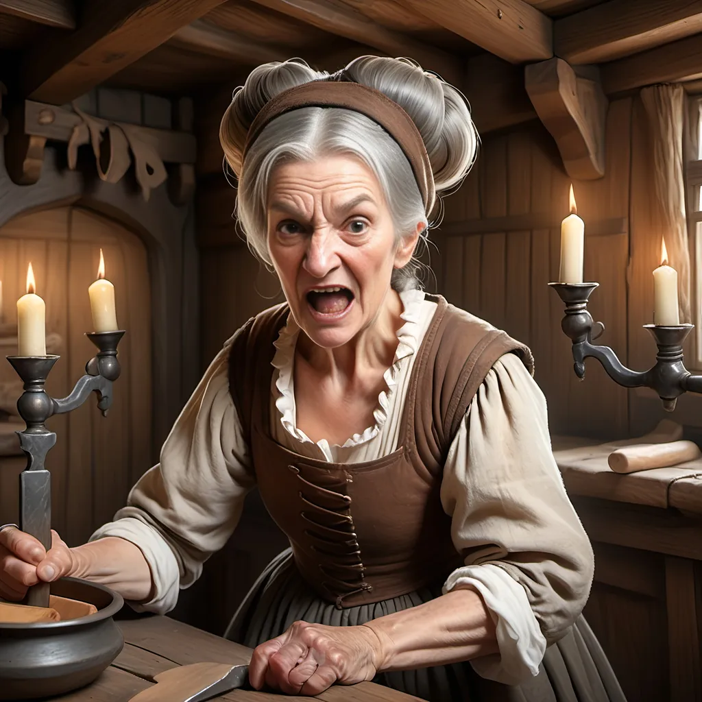 Prompt: Elderly woman, toothless, menacing, dressed in ragged peasant clothing, serving wench, gray hair in a bun on top of her head, grimacing and holding a wooden rolling pin in a threatening manner; inside an English Tudor style Inn, candle chandeliers and wall sconces, rustic wood paneling, ultra realistic, ultra detailed, highest resolution.