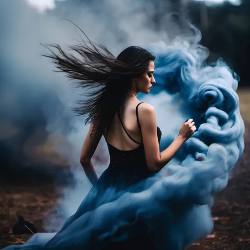 Prompt: Hair in motion, captured with long exposure photography Nikon D850 DSLR camera f/4. ISO 200, torso apparition hovering over a smouldering campfire with dark smoke swirls rising in a vortex, black hair, spilling out in the updraft and swirling in the vortex with the smoke, tattered skirt, blue skin, transparent body; night, stars and clouds in the sky.