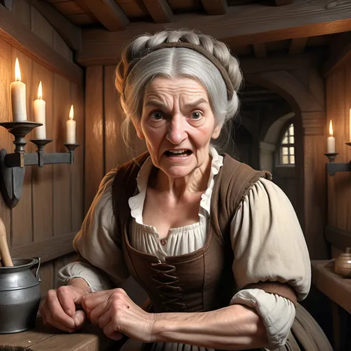 Prompt: Elderly woman, toothless, menacing, dressed in ragged peasant clothing, serving wench, gray hair in a bun on top of her head, grimacing and holding a wooden rolling pin in a threatening manner; inside an English Tudor style Inn, candle chandeliers and wall sconces, rustic wood paneling, ultra realistic, ultra detailed, highest resolution.