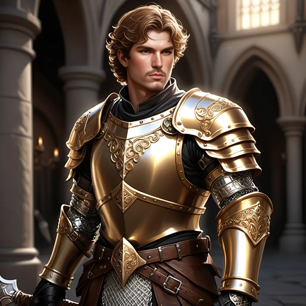 Prompt: [Armando the Golden]
Male paladin, (ultra-detailed) (ultra-realism), brown wavy short cropped hair, rosy cheeks, brown eyes, (bright silver steel breastplate) with (gold inlay and filigree), (shiny steel chainmail shirt), black boots with (sparkling shiny spurs), carrying a huge (double-ended war hammer), dramatic lighting, epic stance, medieval fantasy background, grand atmosphere, (HD quality) pompous, arrogant demeanor and stance, tall, 'broad like a barn', wide shoulders, built like a tank, iconoclastic narcissist.