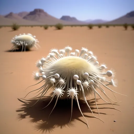 Prompt: Barren desert crawling with countless large hundred limbed insects which resemble spherical anemones, that are rolling and tumbling across the flat parched desert in search of prey, like sentient tumbleweeds, with very small circular bodies with a central toothed orifice surrounded by hundreds of long legs which all terminate it sharp points, like an ambulate sentient thistle, that uses it's thousands of long pointy legs to puncture, gorging on the blood and fluids of its prey.
Hundred eyes and thousands of legs.
Dark skies.