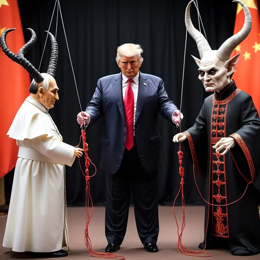 Prompt: Dark,  gothic, demonic; a 'horned Donald Trump puppet on strings' being controlled by a 'horned satan puppet on strings' being controlled by a 'horned pope puppet on strings', being controlled by a 'horned Vladimir Putin puppet on strings', being controlled by Xi of China, who holds ALL THE STRINGS.