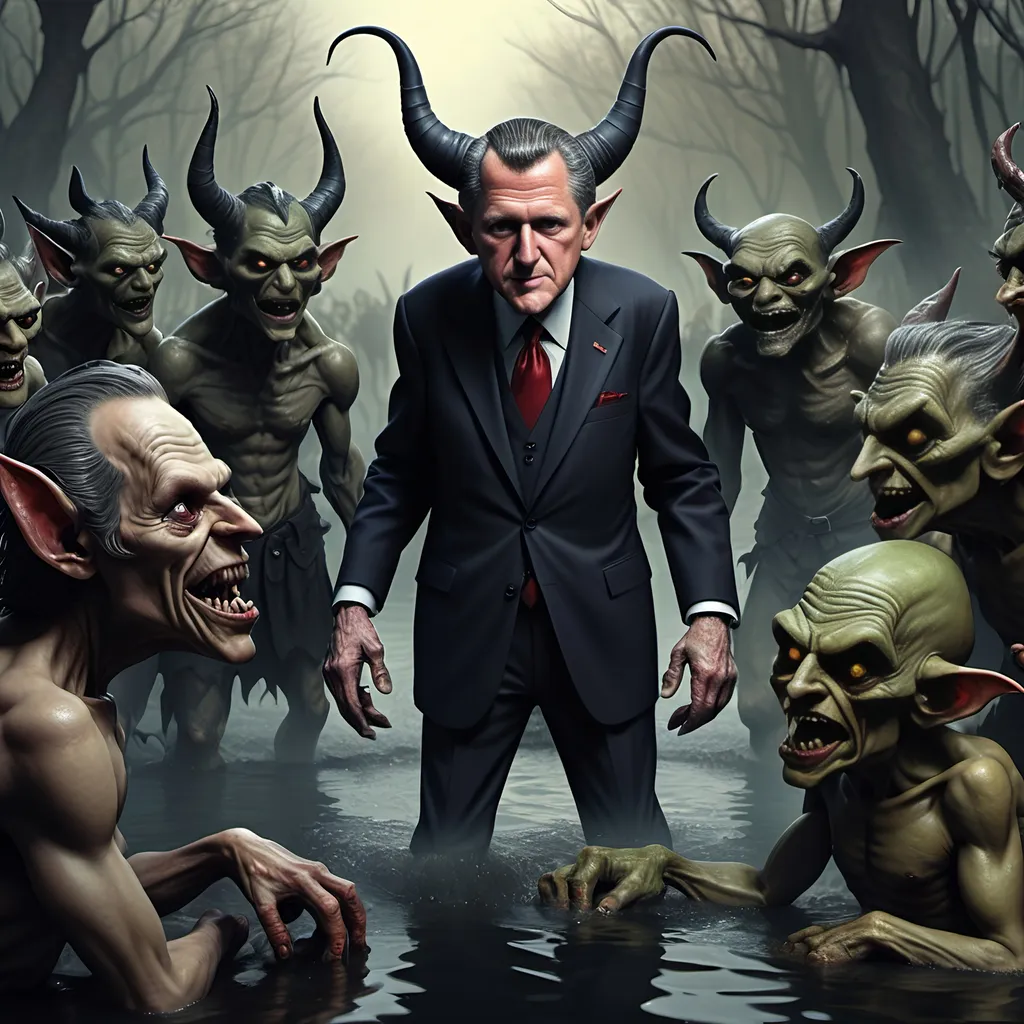 Prompt: River Styx, dark, infernal, gothic, ominous; minor Devil with horns and hooves who resembles Bill Clinton; has a chat with a goblins in ragged, ratty clothing who resembles Richard Nixon.
Ultra detail, ultra realistic.