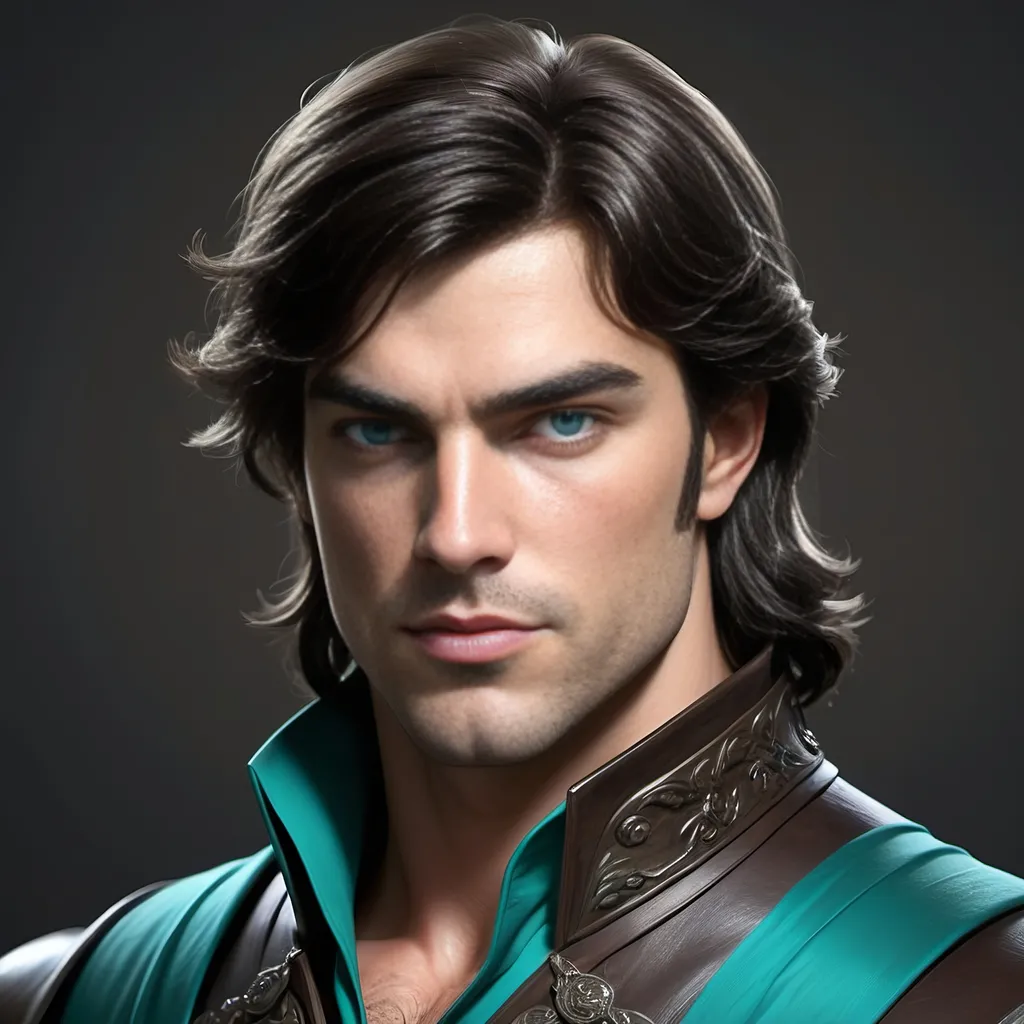 Prompt: [ Derek the Brown or Derek from Towne]
Chevalier, dark hair, pale complected, blue eyes; dressed in green, teal, and black; slight but well muscled, tall, bow & quiver on his back, piercing, attentive eyes, ultra detailed, ultra realism, darkly heroic.
(Resembles Neil Diamond)