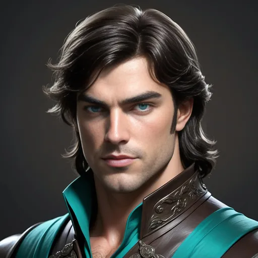 Prompt: [ Derek the Brown or Derek from Towne]
Chevalier, dark hair, pale complected, blue eyes; dressed in green, teal, and black; slight but well muscled, tall, bow & quiver on his back, piercing, attentive eyes, ultra detailed, ultra realism, darkly heroic.
(Resembles Neil Diamond)